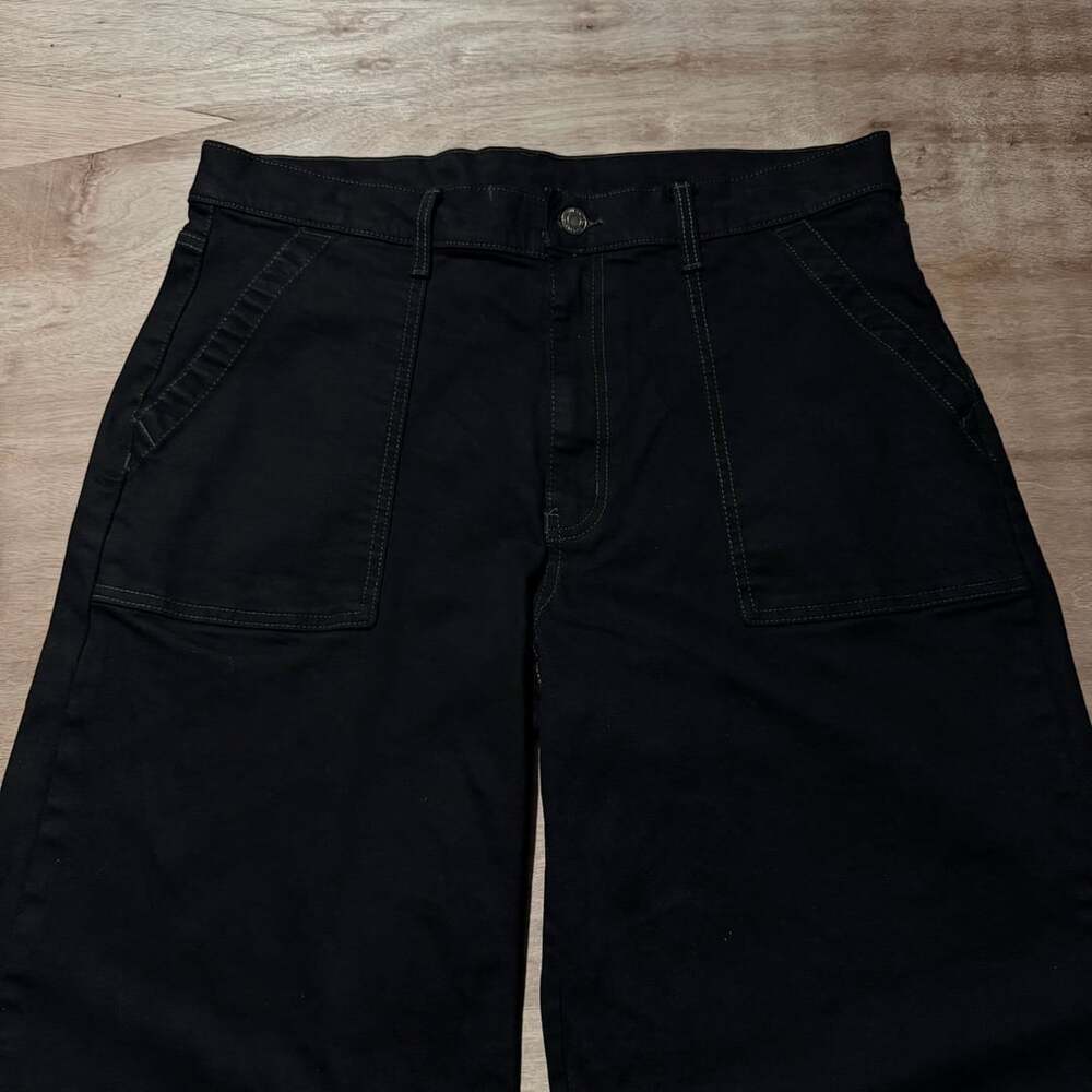 Black Baggy Wide Leg Denim Jeans Distressed Hem Utility Pocket 36x30 - Picture 4 of 5